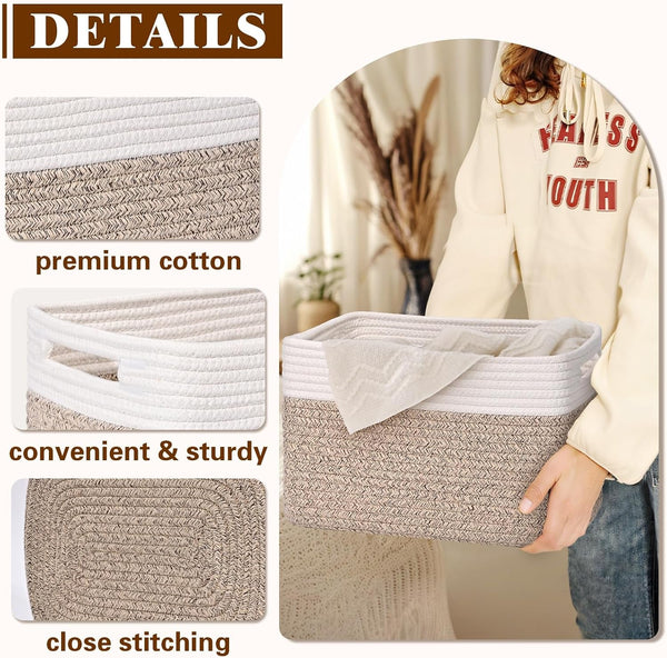 Storage Baskets for Organizing, 4 Pack Baskets for Shelves, Decorative Storage Bins for Shelves, Cotton Rope Storage Basket with Handles, Woven Basket for Storage, 13''Lx8.7''Wx7.9''H, White & Brown5