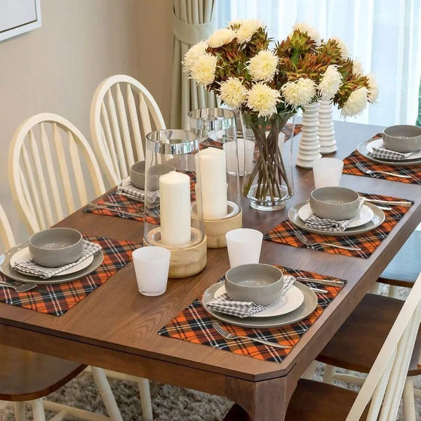 Plaid Placemat Set, Thanksgiving Halloween Orange Black Buffalo Check Pattern Home Decor Linen Table Mats for Dining Room Kitchens Party Cafe Festive Banquet Wedding Decor, 18" L X 12" W【6 PCS】6