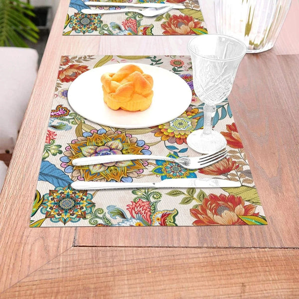Boho Floral Placemats Set of 4 Linen 12"X18" Colorful Flowers Table Mats for Kitchen Dining Table Holiday Party Heat Resistant Washable Spring Summer Farmhouse Bohemian Mandala Place Mats6