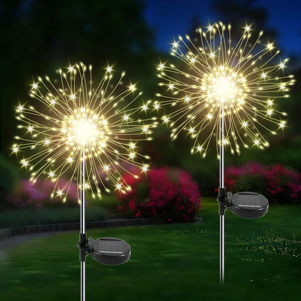 Solar Garden Lights Outdoor, 2 Pack 120 LED Twinkling Firework Lights Decorative with 2 Modes, Outdoor Waterproof Solar Starburst Light for Yard Pathway Planter Patio Decor, Warm White1