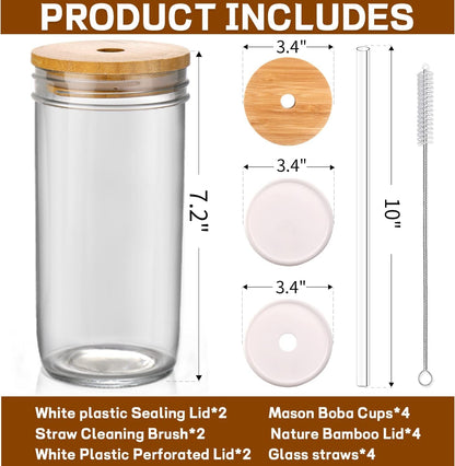 Glass Cups with Lids and Straws,24 Oz Smoothie Cup with Lid and Straw-Boba Mason Jar,Matcha Cup Wide Mouth Reusable Drinking Glasses,Iced Coffee Cups Glass,Vasos De Vidrio【4 Pack】3