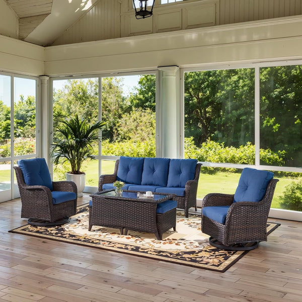 Wicker Outdoor Furniture Patio Furniture Set - 6 Piece Patio Conversation Set with Swivel Rocker Chairs, Rattan Sofa, Ottomans and Coffee Table, Blue Cushion3
