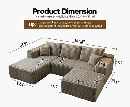 107.5" Cloud Modular Sectional Couch with 1 Ottoman,Modern Minimalist Upholstered Couches, Comfort U Shaped Sofa for Living Room,Deep Seat Corner Couch，No Assembly Required (Camel,Left Facing Chaise)2