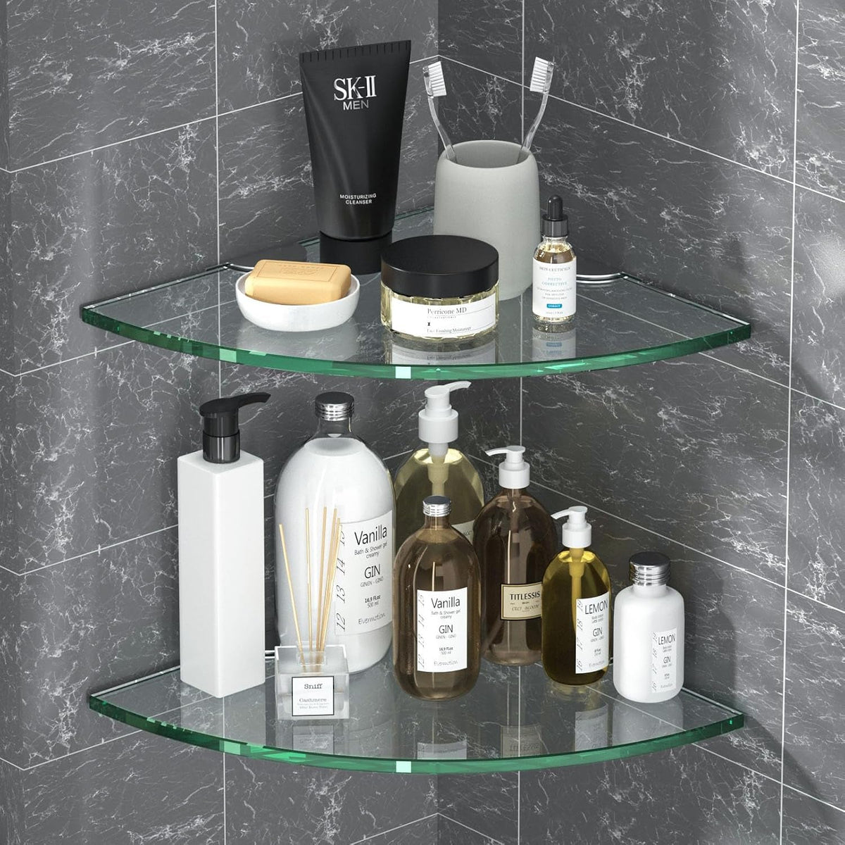 corner-glass-shower-caddy-2-pack-8mm-thick-tempered-glass-shelf-no-drilling-wall-mount-corner-mounted-shelves-space-saver-adhesive-bathroom-home-shelf-shampoo-holder-organizer-strong-adhesion