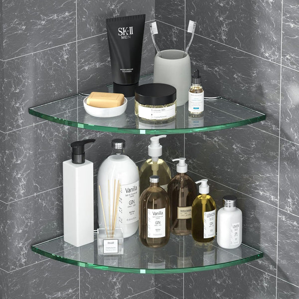 Corner Glass Shower Caddy 2 Pack 8Mm-Thick Tempered Glass Shelf No Drilling Wall Mount Corner Mounted Shelves Space Saver Adhesive Bathroom Home Shelf Shampoo Holder Organizer Strong Adhesion1