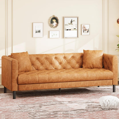 81" Leather Couch for Living Room, Chesterfield Sofa with Deep Seat, Handmade Button Tufted 3 Seater Sofa, Modern Leather Sofa for Apartment, or Office, Cognac Tan8