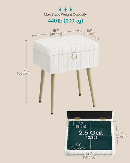 SONGMICS Vanity Stool Chair Faux Fur with Storage, Vanity Bench, Metal Legs, Adjustable Feet, for Living Room, Bedroom, Makeup Room, Cream White ULOM505WZ022
