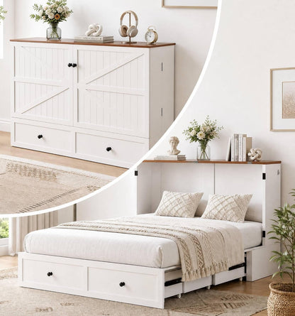 Murphy Bed Queen with Mattress Included, Farmhouse Frame Cabinet Beds Chest with Charging Station & Storage Drawers, Convertible Hideaway Cabinet Bed for Guest Room, White1