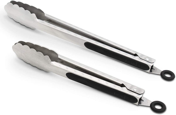 304 Stainless Steel Kitchen Cooking Tongs, 9" and 12" Set of 2 Sturdy Grilling Barbeque Brushed Locking Food Tongs with Ergonomic Grip, Black1