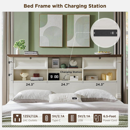 Farmhouse King Size Bed Frame with 2 Drawers & 4 Bookcases on the Headboard4
