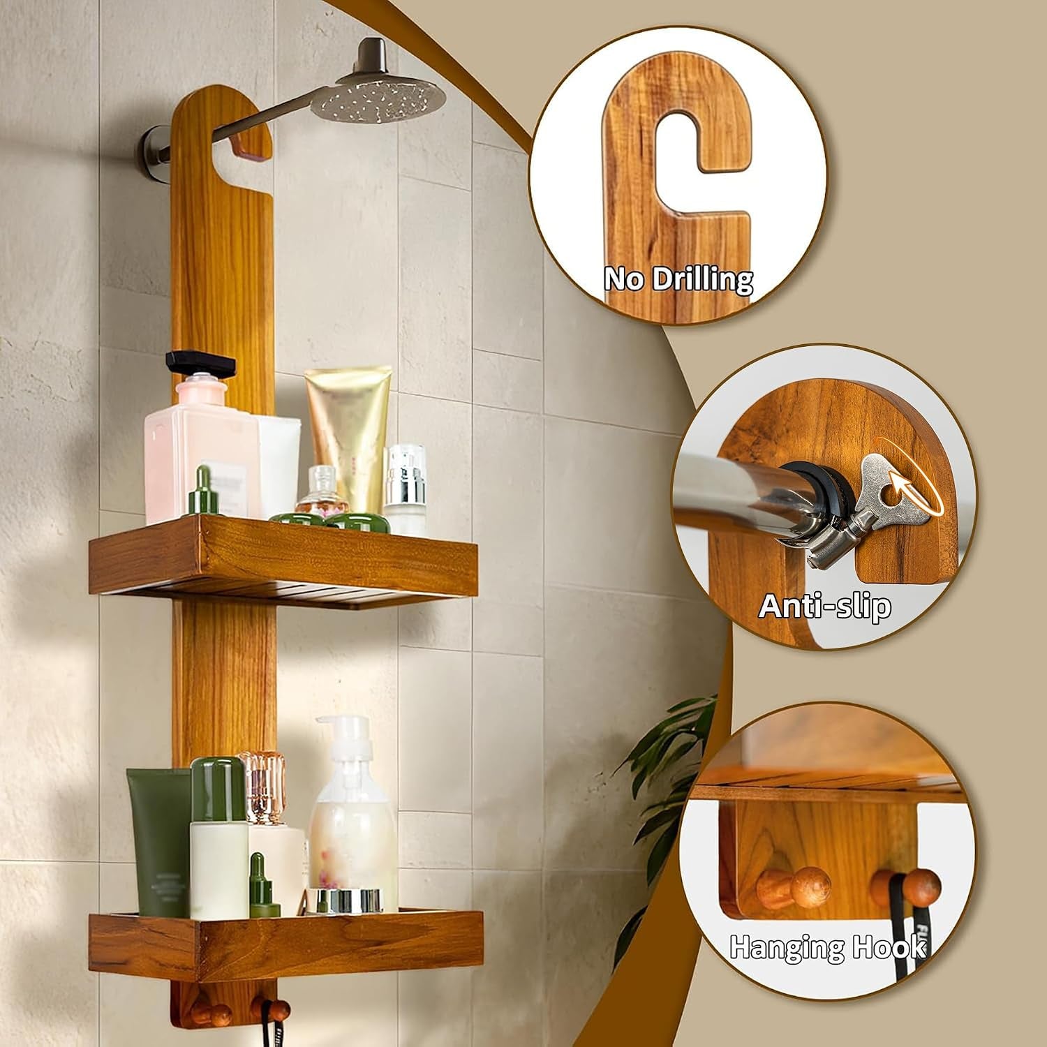 teak-hanging-shower-caddy-with-hooks-shower-organizer-over-head