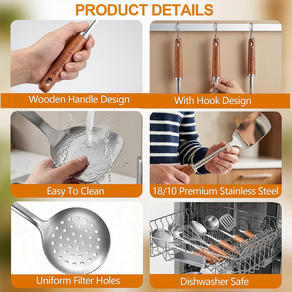 9PCS Stainless Steel Kitchen Utensils Set, Heavy Duty Wooden Handle Cooking Utensils, Metal Cookware Utensils with Spatula, Ladle, Skimmer, Spaghetti Spoon and Potato Masher, Easy to Clean6
