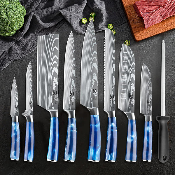 Chef Knife Sets with Roll Bag, 9 Pieces Professional Knife Set | High Carbon Stainless Steel Kitchen Chef Knife Set with Sharpener, Blue Resin Handle, Kitchen & Home Cooking, Dishwasher Safe8