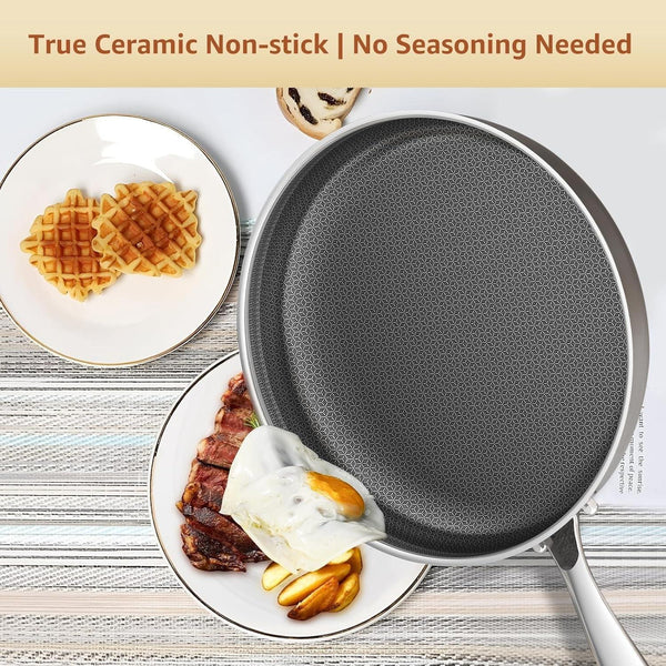 12 Inch Hybrid Nonstick Frying Pan with Glass Lid | PFOA Free | Stainless Steel Skillet | Non-Toxic | Stay-Cool Detachable Handle | Dishwasher and Oven Safe | Induction Ready4