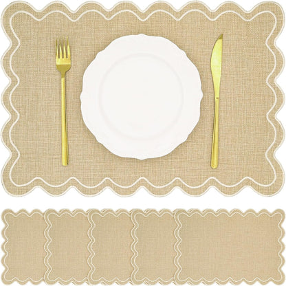 Set of 6 Cotton Linen Placemats, 13 X 19 Inch Scalloped Wavy Embroidered Placemat Double Layered Table Placemats Washable Rustic Table Mats for Dining Table Decor Kitchen Restaurant Hotel Party8