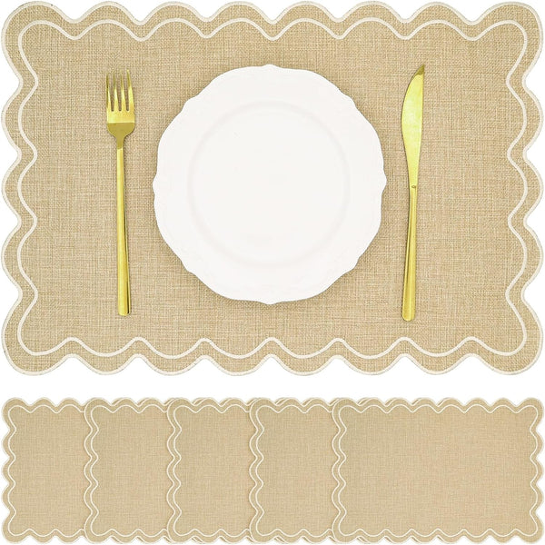Set of 6 Cotton Linen Placemats, 13 X 19 Inch Scalloped Wavy Embroidered Placemat Double Layered Table Placemats Washable Rustic Table Mats for Dining Table Decor Kitchen Restaurant Hotel Party8