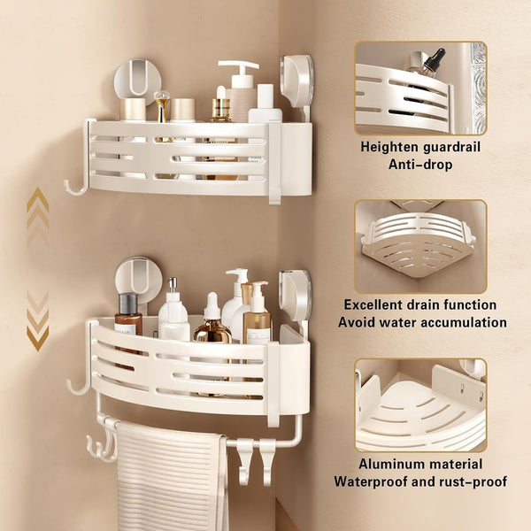 Corner Shower Caddy Suction Cup Shower Shelf Corner No Drilling Bathroom Shower Organizer Storage Rack Adhesive with Towel Bar Hooks(2-Pack, Ivory)3