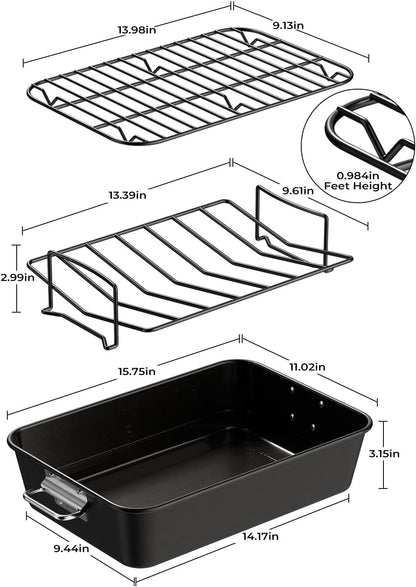 Nonstick Turkey Roasting Pan with 2 Racks, up to 12 Lb Turkey | Heavy-Duty Carbon Steel, 16" * 11", PFAS & PFOA Free, Dishwasher Safe, Built to Last for Turkey, Roasts & Baking.2