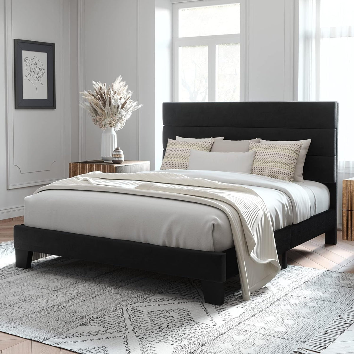 queen-size-platform-bed-frame-with-velvet-upholstered-headboard