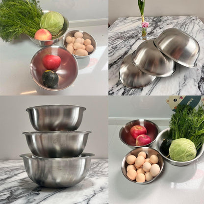 Stainless Steel Mixing Bowl Thickened 3-Piece Set, Nested Flat Bottom 1.3QT (1200Ml)/1.9Qt (1800Ml)/2.6Qt (2500Ml) Kitchen Food Storage Organizer for Baking, Salad Prep, Vegetable Washing (Silver)3