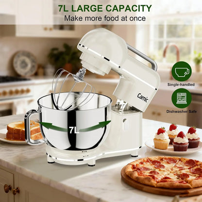 Electric Stand Mixer,7.45 QT,10 Speeds with Dough Hook,Whisk, Flat Beater Attachments, Splash Guard, Easy-Carry Top Handle,3-In-1 Kitchen Mixer for Baking Cakes Cookie Bread Salad (White)2
