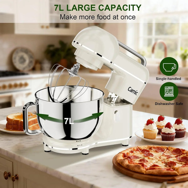 Electric Stand Mixer,7.45 QT,10 Speeds with Dough Hook,Whisk, Flat Beater Attachments, Splash Guard, Easy-Carry Top Handle,3-In-1 Kitchen Mixer for Baking Cakes Cookie Bread Salad (White)2