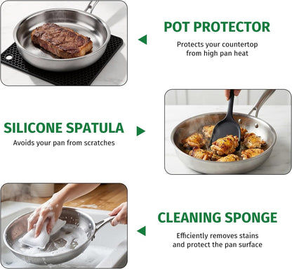 12 Inch Tri-Ply Stainless Steel Frying Pan with Lid, 5Pcs Skillet | PFOA Free, Oven & Dishwasher Safe, Induction Cooking Pan, Fast & Even Heat, Detachable Handle4