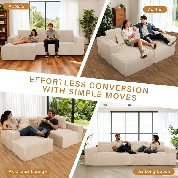 111" Boneless Couches for Living Room 3-Piece Cloud Couch Modular Sectional Deep Seat Compressed Couches for Living Room Bedroom Plush Corduroy Fabric No Assembly Required, Khaki6