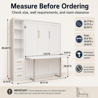 Queen Size Murphy Bed with Desk and Single Side Cabinet, White Wall Bed with Bookcase Shelves, 3 Drawers, Automatic Legs, Hydraulic Assist, Space Saving Bed for Bedroom,Guest Room,Home Office2