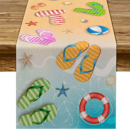 Summer Beach Table Runner Flip Flops Seaside Themed Birthday Seasonal Holiday Party Kitchen Dinning Room Home Decoration (13" X 72")1
