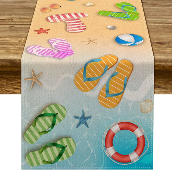 Summer Beach Table Runner Flip Flops Seaside Themed Birthday Seasonal Holiday Party Kitchen Dinning Room Home Decoration (13" X 72")1