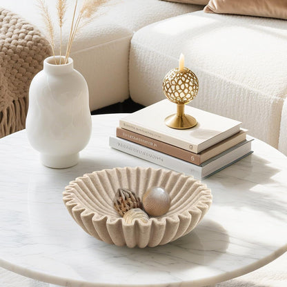10'' Large Ruffle Decorative Fruit Bowl for Entryway Coffee Table Scalloped Purse Key Holder Kitchen Countertop Console Modern Organic Home Decor, Artificial Stone Beige4