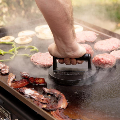 Smash Burger Press, Cast Iron, 6.5" round Burger Smasher | Hamburger Press with round Flat Edge for Crispy Carmelization, the Go-To Grill Press for Indoor and Outdoor Cooking, CISB-1117