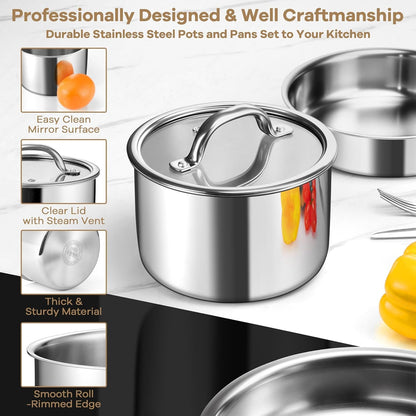 9Pcs Stainless Steel Cookware Set, 3-Ply Pots and Pans Set W/Detachable Handle & Lid, Induction Cookware Kitchen Cooking Set for RV Camping, Nontoxic Whole Clad Frying/Saute/Sauce Pan, Oven Safe6