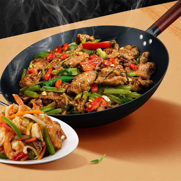 13.5 Inch Carbon Steel Wok Pan with Wooden Handle – Pre-Seasoned round Bottom Wok for Gas Stovetop – Natural Non-Stick Stir Fry Pan for Authentic Asian Cooking4
