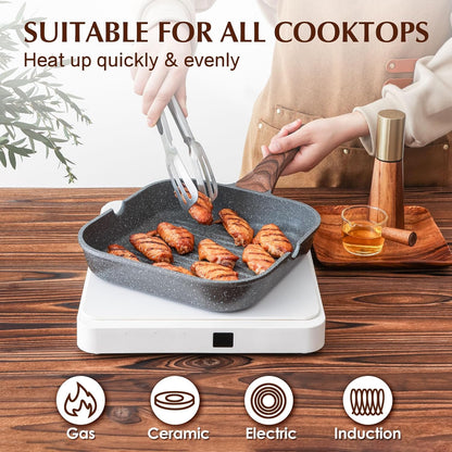 Nonstick Grill Pan for Stove Tops, Versatile Griddle with Pour Spouts, Square Big Cooking Surface, Durable Skillet Indoor & Outdoor Grilling. PFOA Free, 9.5 Inch6