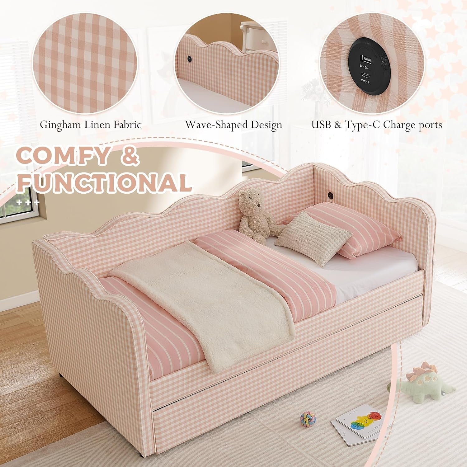 twin-size-daybed-with-pop-up-trundle-linen-gingham-twin-to-king-daybed-with-usb-ports-upholstered-day-bed-frame-modern-sofa-bed-for-living-room-bedroom-guest-room-no-box-spring-needed-pink