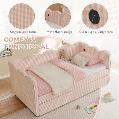 Twin Size Daybed with Pop up Trundle, Linen Gingham Twin to King Daybed with USB Ports, Upholstered Day Bed Frame, Modern Sofa Bed for Living Room/Bedroom/Guest Room, No Box Spring Needed, Pink5