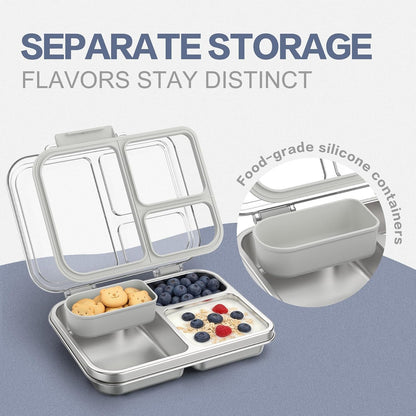 Stainless Steel Bento Box for Kids, 3-Compartment Metal Lunch Box with Clear Lid & Removable Silicone, Lunch Box Kids with Silicone Inner Container for Meal Prep, School, Office (Grey)2