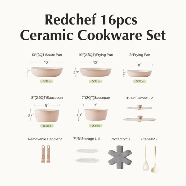 Pans and Pots Set Nonstick, Ceramic Cookware Set with Detachable Handles 16Pcs, Induction Dishwasher Oven Safe Kitchen Cooking Set, PFAS PFOA & PTFE Free, Pink8