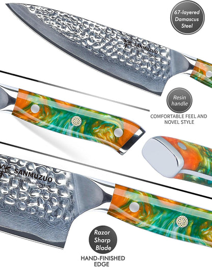 8" Chef Knife - Professional Kitchen Knife - Hammered Damascus Steel & Resin Handle - YAO Series3