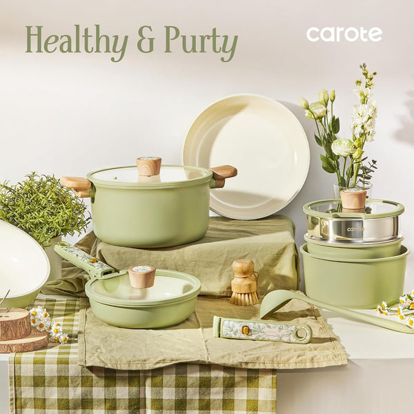 25Pcs Ceramic Cookware Sets, Nonstick Pots and Pans Set Non Toxic | Space Saving, Detachable Handle, Dishwasher & Oven Safe, PFAS Free, Kitchen/Apartment/Camping/Rv/ Traveling Cooking Sets9