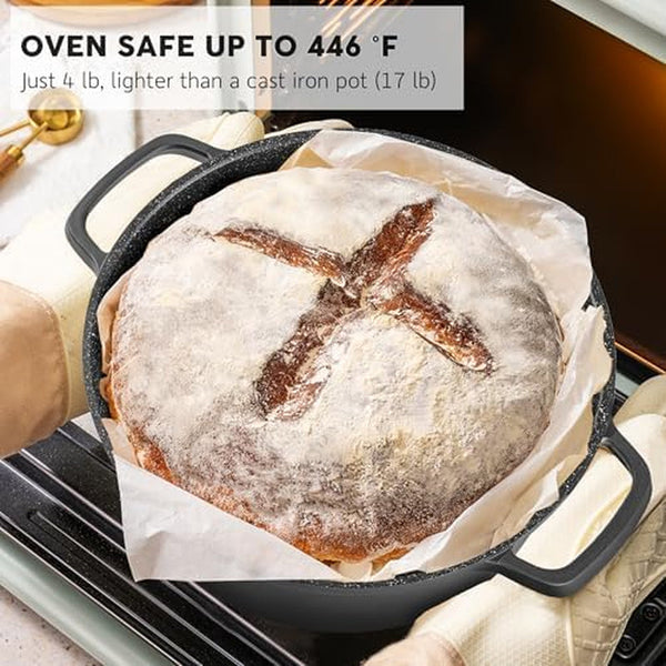 Large Dutch Oven Pot with Lid-7.5Qt Cast Aluminum Oven Pot with Two Handles Lightweight for Bread Baking Braising and Roasting(Black)3