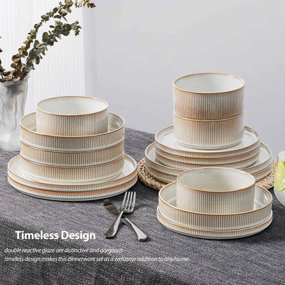 Stoneware Dinnerware Sets with Pasta Bowls, 16 Piece Plates and Bowls Dishes Set for 4, Ribbed Dining Ware Dishware for Home, Microwave and Dishwasher Safe, Dawn Beige5