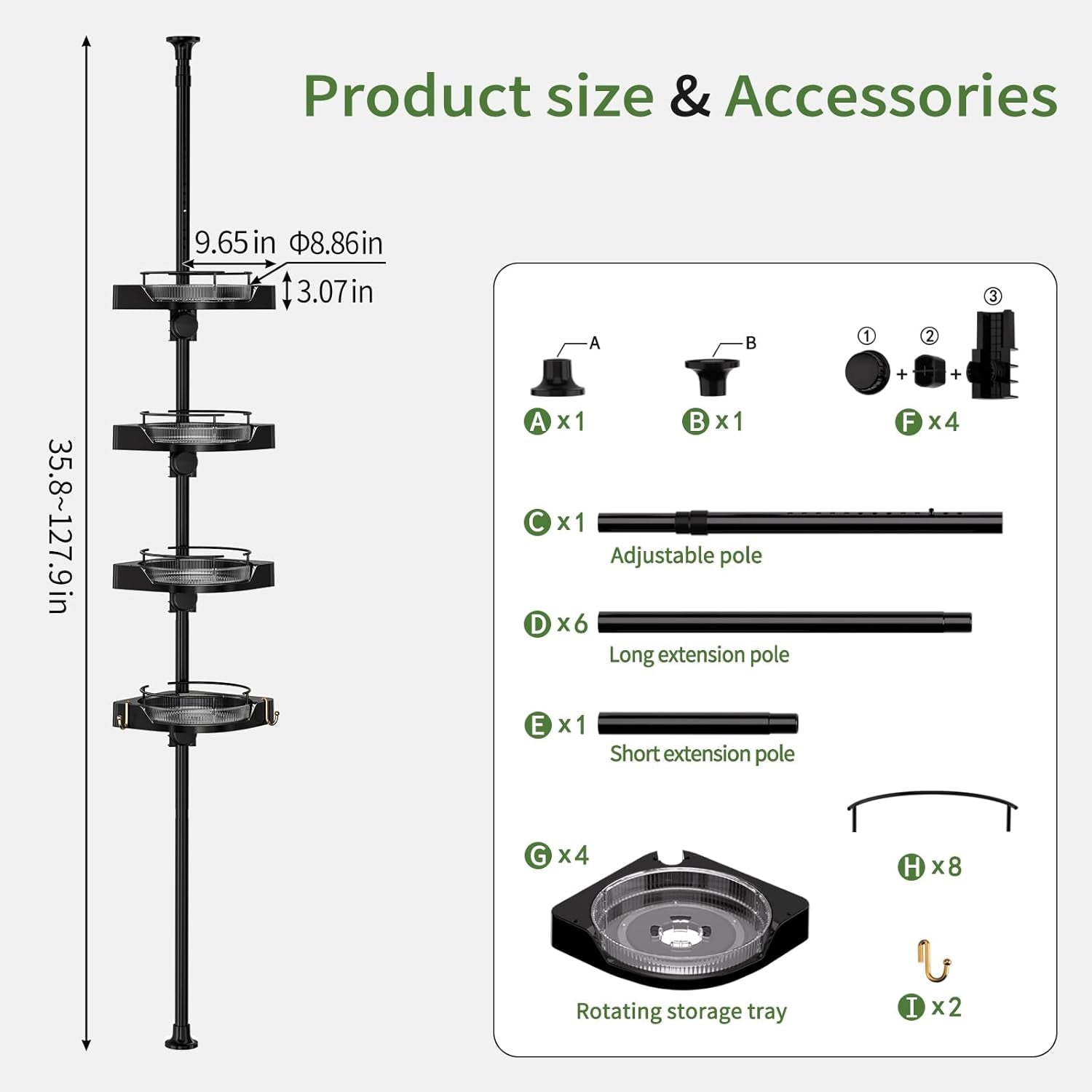 360-rotating-shower-caddy-tension-pole-with-4-tier-rustproof-lazy-susan-35-128-inch-no-drilling-coner-shelves-adjustable-shower-rack-for-bathroom-bathtub-washbasin-plant-storage-black