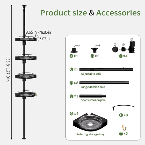 360° Rotating Shower Caddy Tension Pole with 4-Tier Rustproof Lazy Susan 35-128 Inch No Drilling Coner Shelves Adjustable Shower Rack for Bathroom Bathtub Washbasin Plant Storage (Black)4