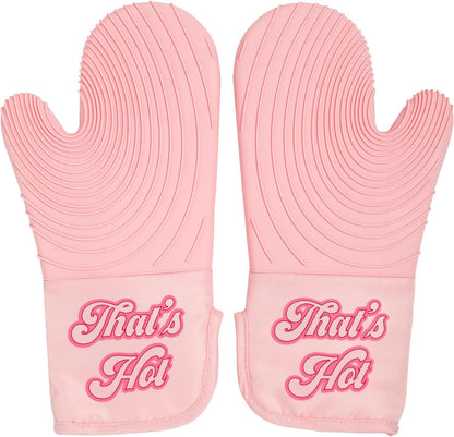 Oven Mitt Set with Iconic That'S HOT Design, Heat Resistant Pot Holders Featuring Non-Slip Textured Silicone Grips, 2-Piece Set, Pink1