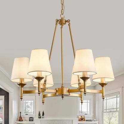 Gold Wagon Wheel Chandelier with White Linen Shade 6-Light Industrial Ceiling Light Fixture 26.8Inch Large Farmhouse Hanging Pendant Light for Dining Living Room Kitchen Bedroom Entryway Foyer1