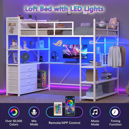 White Loft Bed Twin Size with U-Shaped Desk and Upholstered Headboard3