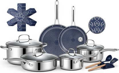 Hybrid Stainless Steel Cookware Set, 17-Piece Tri-Ply Pots and Pans Set Non Stick, Induction Kitchen Cookware Sets, Dishwasher & Oven Safe, PFOA Free, All Cooktops Compatible, Navy Blue1